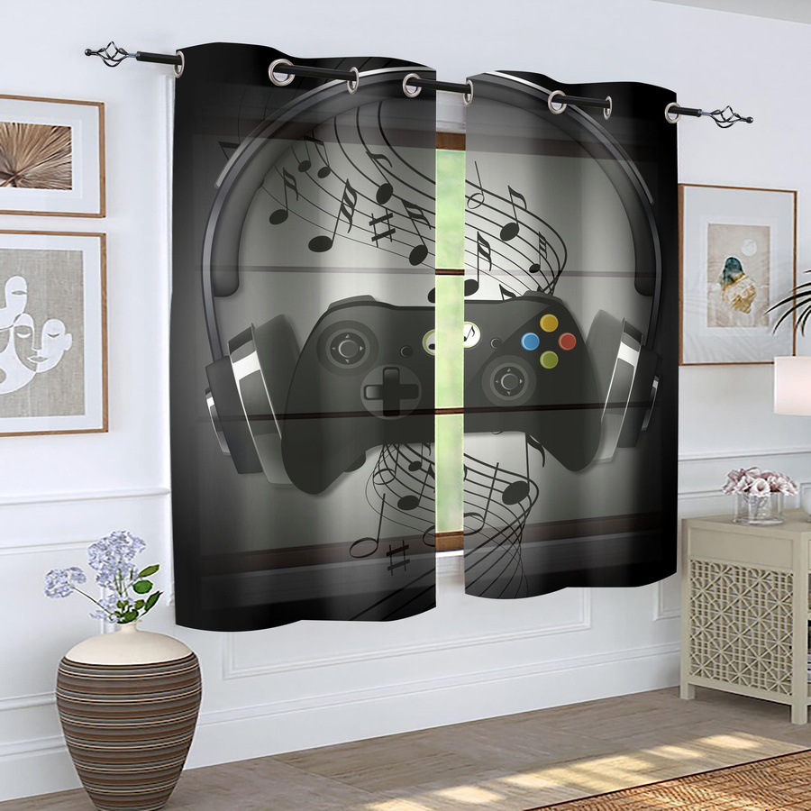 2er-Set Vorhänge mit Retro-Kopfhörer und Gamecontroller-Motiv in Schwarz, halbtransparent, B: 150 cm, H: 166 cm - Bild 2