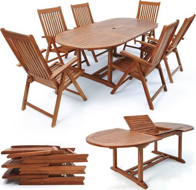 Casaria Garten-Sitzgruppe Vanamo 7-teilig aus FSC-zertifiziertem Eukalyptusholz in Braun mit ausziehbarem Butterfly-Leaf Tisch - Bild 1