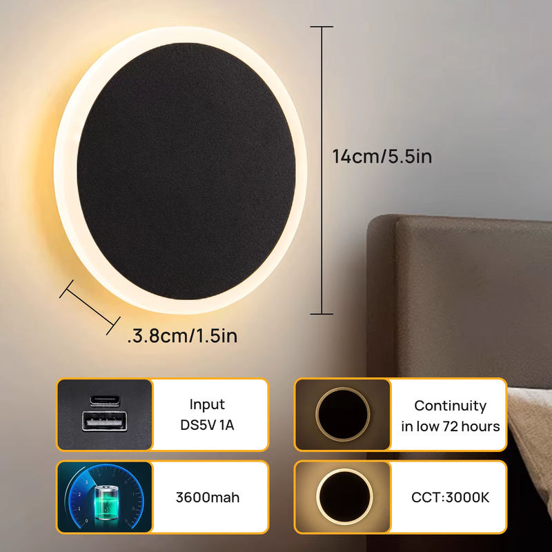 Litu LED-Wandleuchte mit Touch-Schalter und Akku, warmweißes Licht, Schwarz - Bild 2