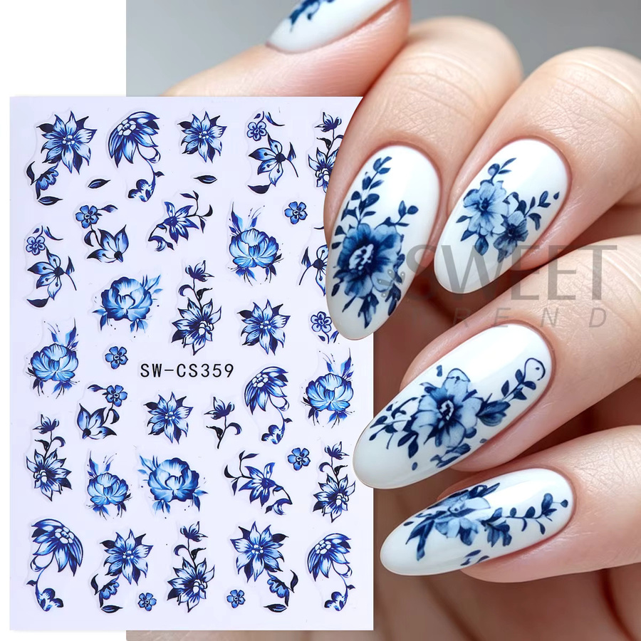 Sweet Trend Nagelaufkleber Porzellandesign, 3 Stück, Blau-Weiß - Bild 2