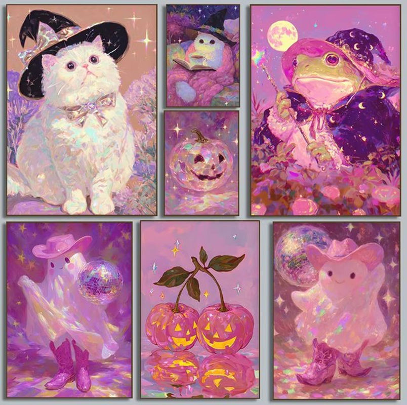 Potdemiel Diamantmalerei Wandkunst Halloween Motiv mit Frosch und Kürbis, mehrfarbig, Hochformat - Bild 1