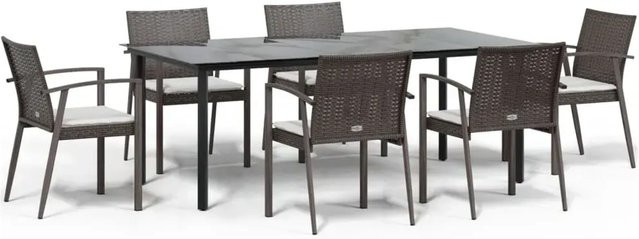 vidaXL 7-teilige Garten-Essgruppe aus Polyrattan und Stahl mit Glasplatte und Kissen in Grau, Beige, Braun und Schwarz - Bild 1