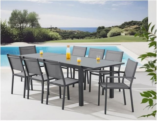 CALVI Garten-Essgruppe Grau: Ausziehbarer rechteckiger Tisch und 8 Stühle für Garten oder Terrasse - Bild 1