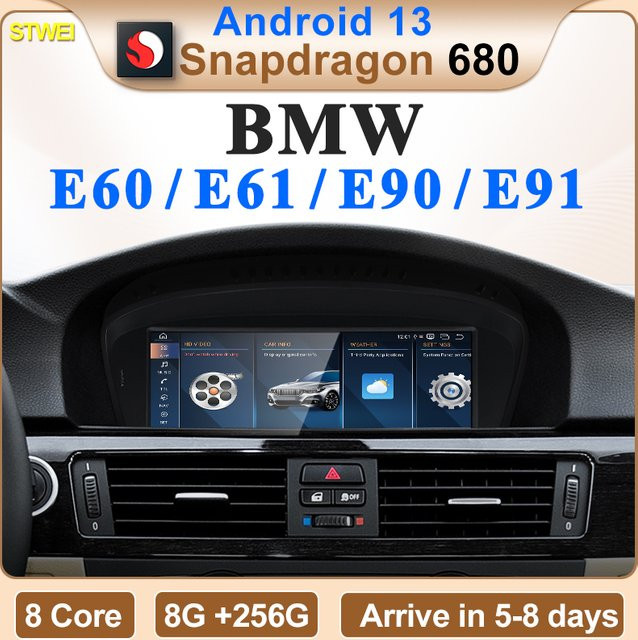 STWEI Android 13 Multimedia-Navigationssystem für BMW 3er und 5er Serie (E60, E61, E90, E91) mit Qualcomm Snapdragon 680, 8GB RAM, 256GB Speicher, 8,8 Zoll Display, Farbe: Schwarz - Bild 1