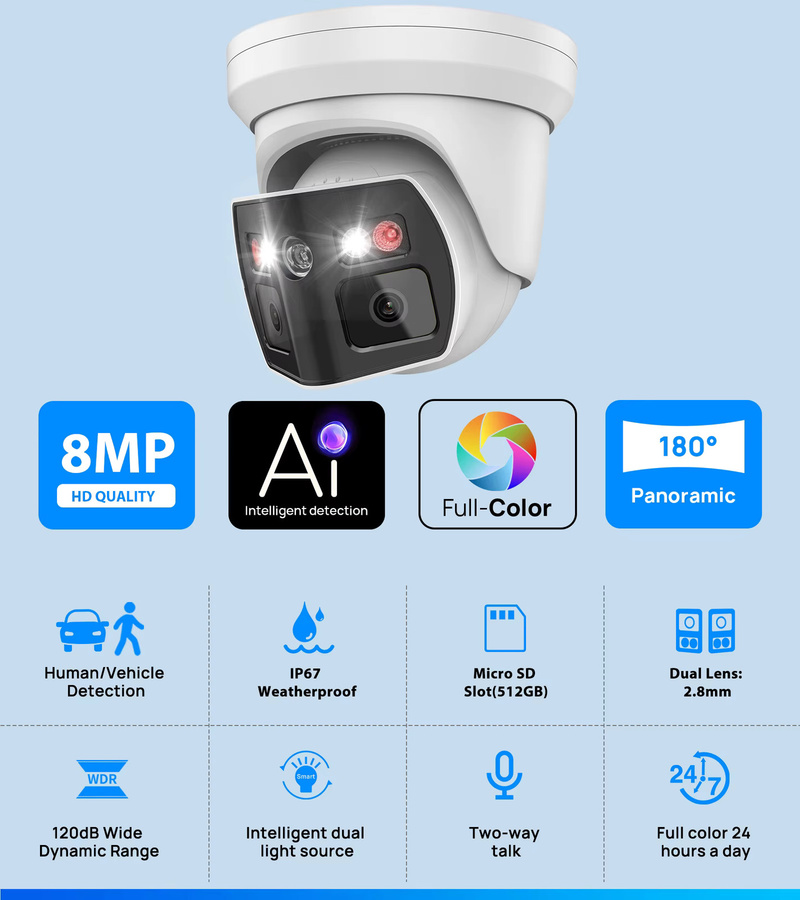 Vikylin 8MP Panorama-IP-Kamera mit zwei Lichtquellen, Zwei-Wege-Audio, PoE, Onvif und IP66-Schutz, Metall-Überwachungskamera in Weiß - Bild 2
