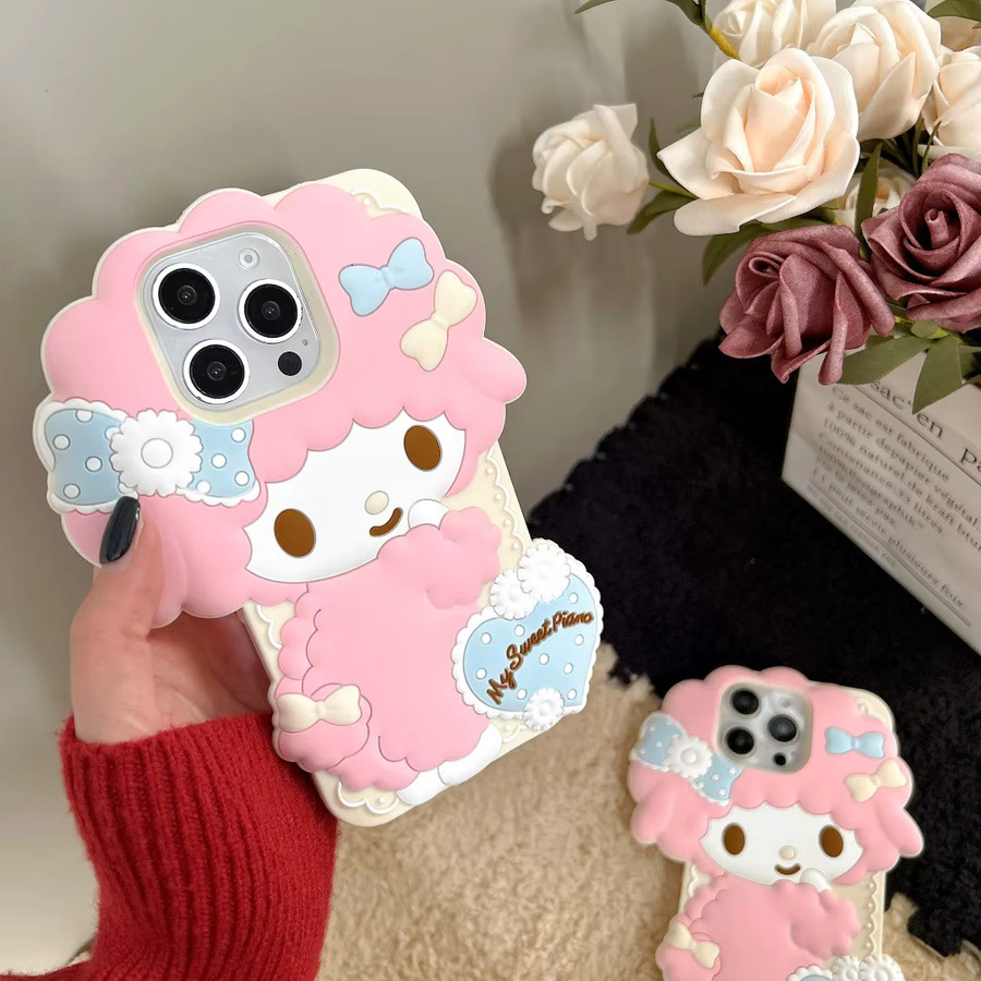 Sanrio Melody Silikon Schutzhülle für Apple iPhone 16 Pro Max, 15, 14, 13 und 16 Plus in Pink mit 3D-Cartoon-Design - Bild 3
