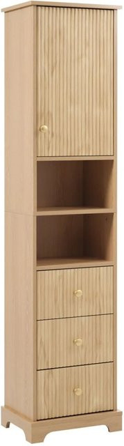 PXloue Badezimmer Hochschrank mit vertikalem Streifenmuster, Schubladen und offenen Regalböden in Naturholzfarbe und Beige, H x B x T: 172 x 40 x 30 cm - Bild 1
