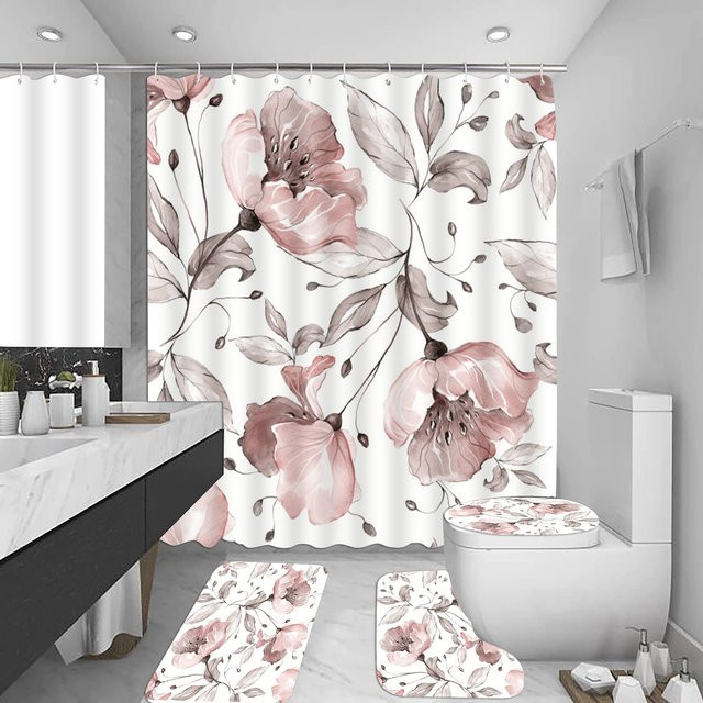 VIKAMA Duschvorhang mit floralem Blumenmuster in Rosa und Grün, wasserdicht und schmutzabweisend, Höhe: 180 cm, Breite: 90 cm - Bild 1