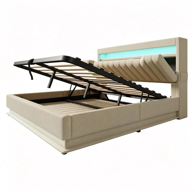 okwish Polsterbett mit LED-Beleuchtung und USB-Anschluss in Beige, Einzelbett mit Stauraum und Lift-up-Funktion, B/T/H: 140 x 200 x 112 cm - Bild 1