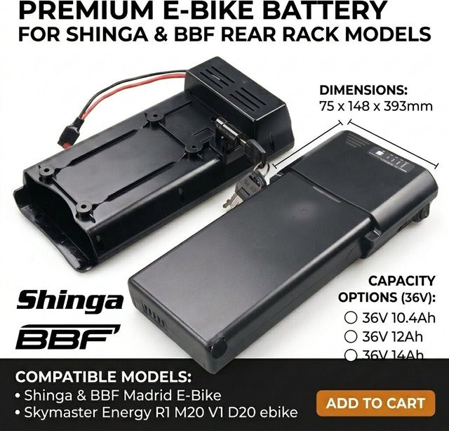 Shinga & BBF Madrid E-Bike Akku 36V 11,6Ah Schwarz für Skymaster Energy R1 M20 V1 D20 Elektrofahrrad - Bild 1