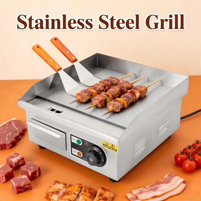 Bymaocar Elektrische Grillplatte aus Edelstahl, 2000W, 14 Zoll, Silber - Bild 1