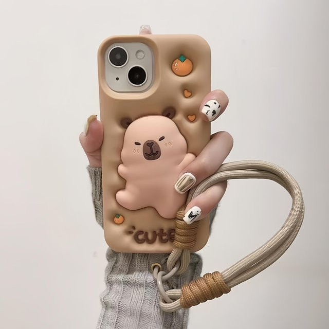 YULIN Handyhülle aus weichem Silikon mit 3D Tier Cartoon Wasserschwein und Handgelenkband für iPhone 16 15 14 13 12 Pro Max, Beige - Bild 1