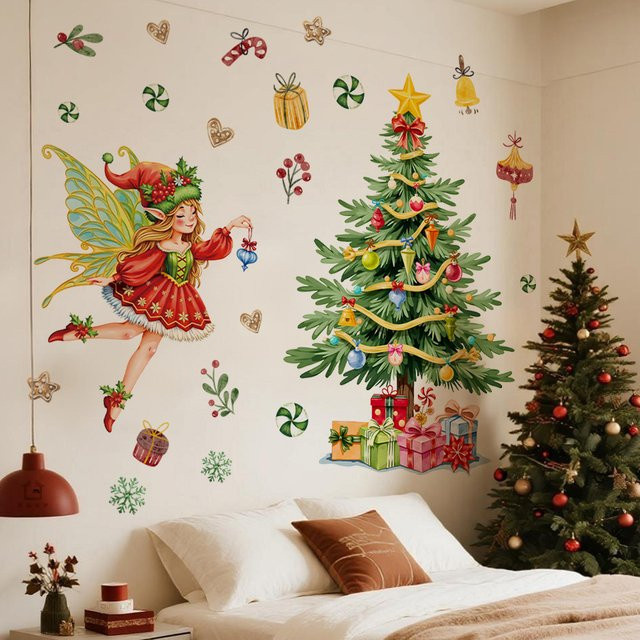 BRUP Weihnachts-Wandaufkleber mit Fee, Baum und Geschenkstapel, selbstklebend und abnehmbar, Mehrfarbig - Bild 1