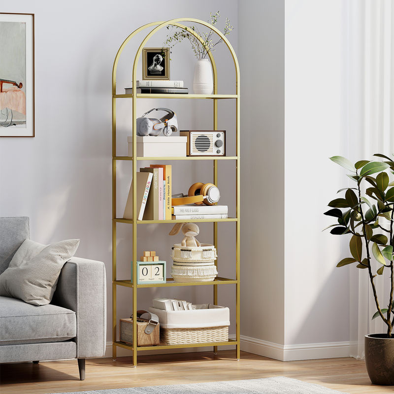 HOMCOM Bücherregal aus gehärtetem Glas und Stahl mit Bogenstruktur, 5 Regalböden, Modernes Standregal für Wohnzimmer, Schlafzimmer oder Büro, Gold, B/T/H: 60 x 30 x 175 cm - Bild 2