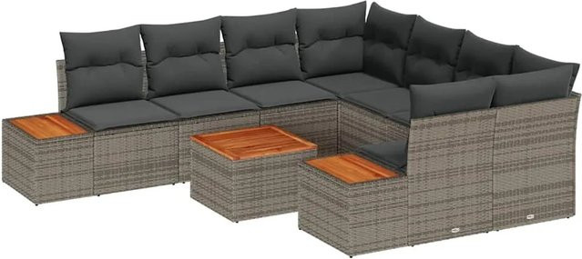 vidaXL Garten-Sofa-Set aus Polyrattan in Grau mit 9 Teilen, Eckelement, Couchtisch und Kissen für Terrasse und Garten - Bild 1