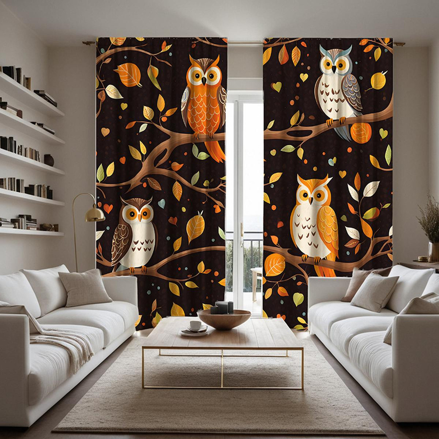 2er-Set dekorative Vorhänge mit Eulen-Motiv in Schwarz und Multicolour, digital bedruckt, B: 132 cm, H: 160 cm - Bild 2