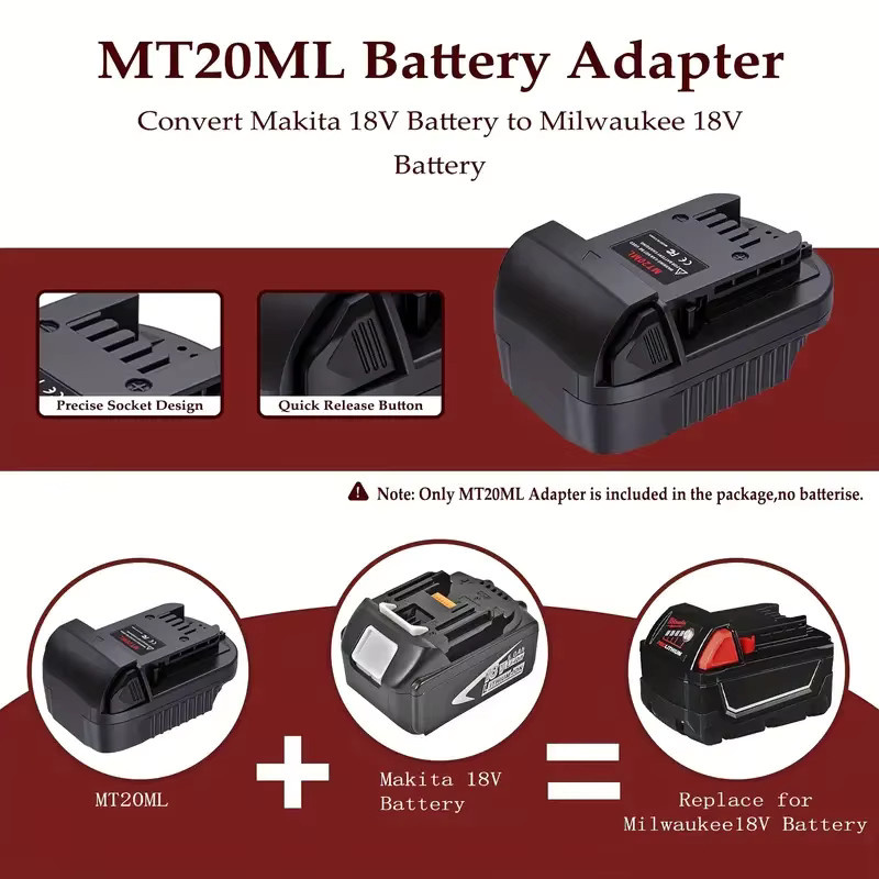 GiFi Power MT20ML Batterieadapter für Makita 18V Li-Ionen-Akkus BL1830 BL1860 BL1815 zur Nutzung mit Milwaukee 18V Akkus, Schwarz - Bild 3