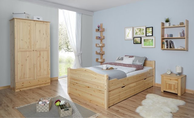 TiCAA Einzelbett Leni aus Kiefer Massivholz in Natur Braun B: 120 cm, T: 200 cm - Bild 1