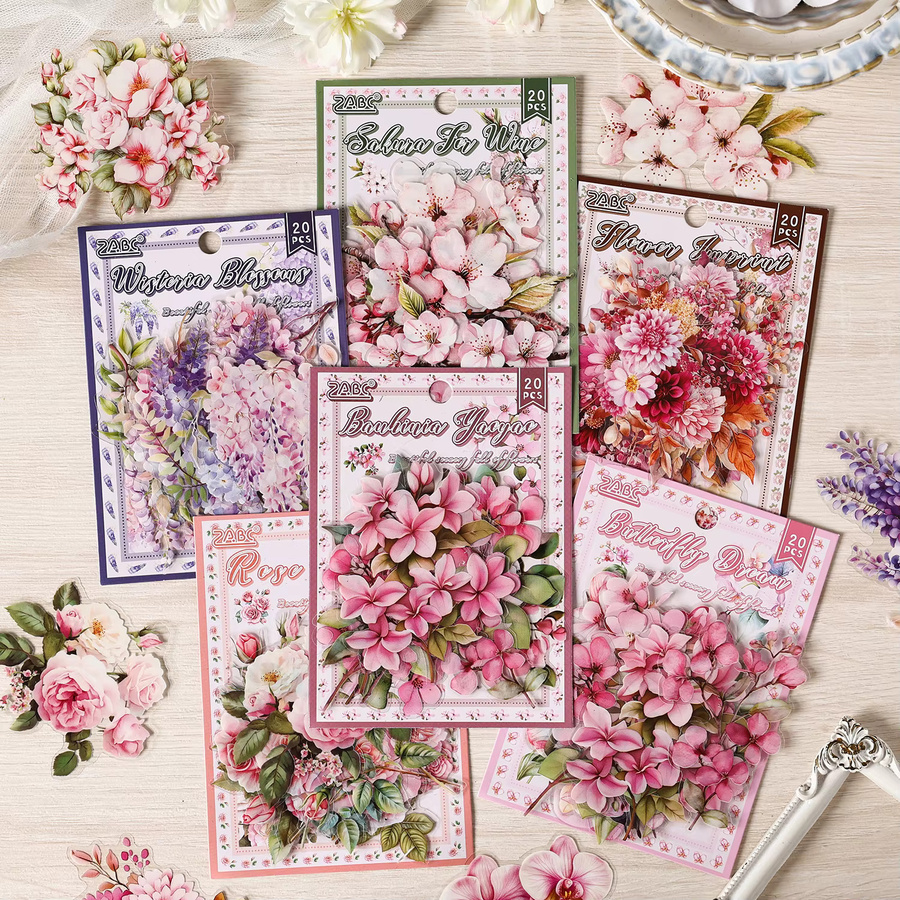 JIANQI 20 Stück PET Pflanzenblumen Aufkleber, transparente dekorative Aufkleber für Scrapbooking und Junk Journal, Mehrfarbig - Bild 1