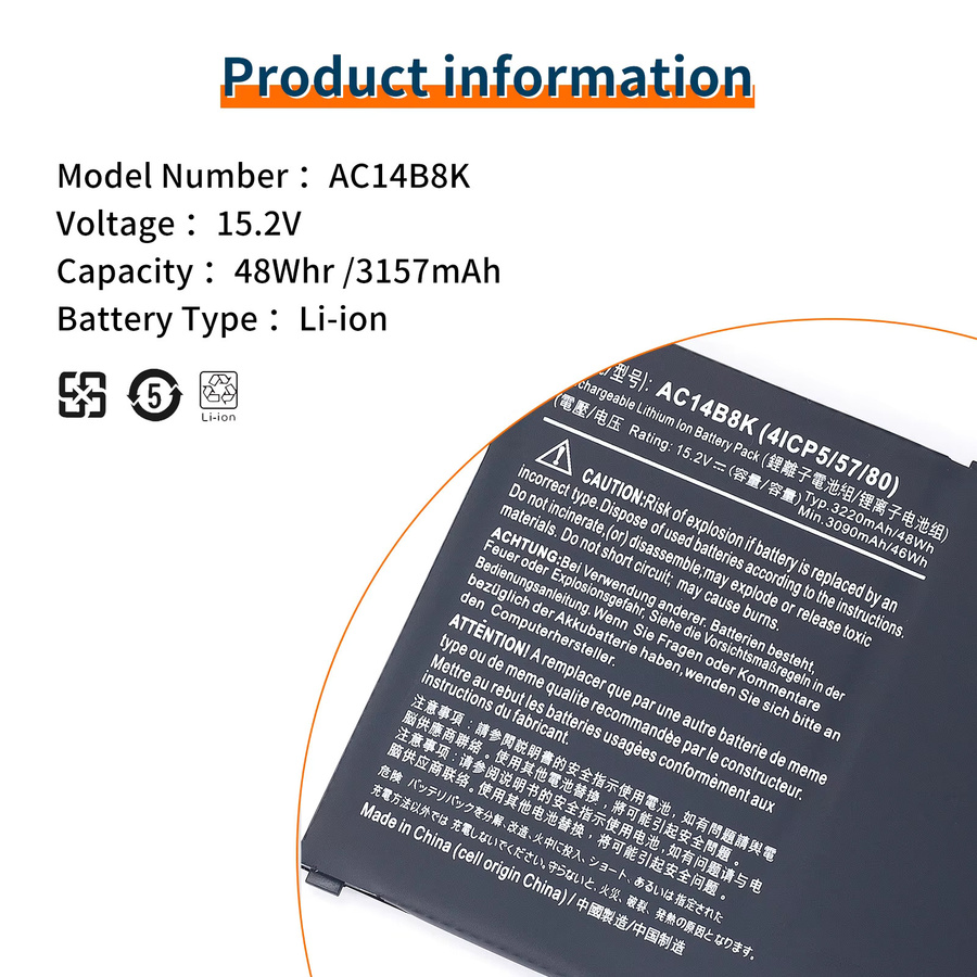 Acer Akku AC14B8K in Schwarz für Acer Nitro 5 AN515, Aspire R3-131T und weitere Modelle - Bild 4