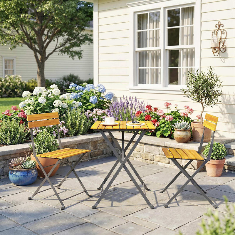 Outsunny 3-teilige Sitzgruppe aus Akazienholz und Stahl in Braun, klappbares Bistroset für 2 Personen mit Esstisch und 2 Stühlen für Terrasse und Balkon - Bild 2