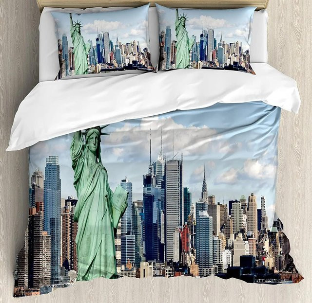 Wucifang Bags New York Bettwäsche-Set aus Mikrofaser in Blau mit Motiv Manhattan Brooklyn Bridge Park, bestehend aus 1 Bettbezug und 2 Kissenbezügen, B/H: 140 x 200 cm - Bild 1