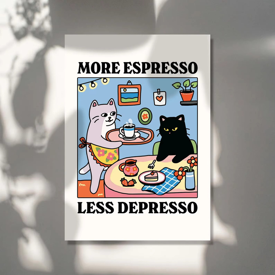 Handgefertigtes Kaffeekatzen-Poster mit schwarzer Katze und Typografie in Schwarz und Multicolour für deine Küchenkunst - Bild 2