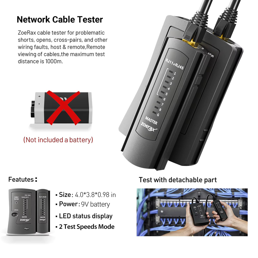ZoeRax RJ45 Netzwerk Tool Kit mit Crimp Tool, Kabeltester, Punch Down Tool und Abisolierer für CAT6 und CAT5E Pass Through Kabel - Bild 3