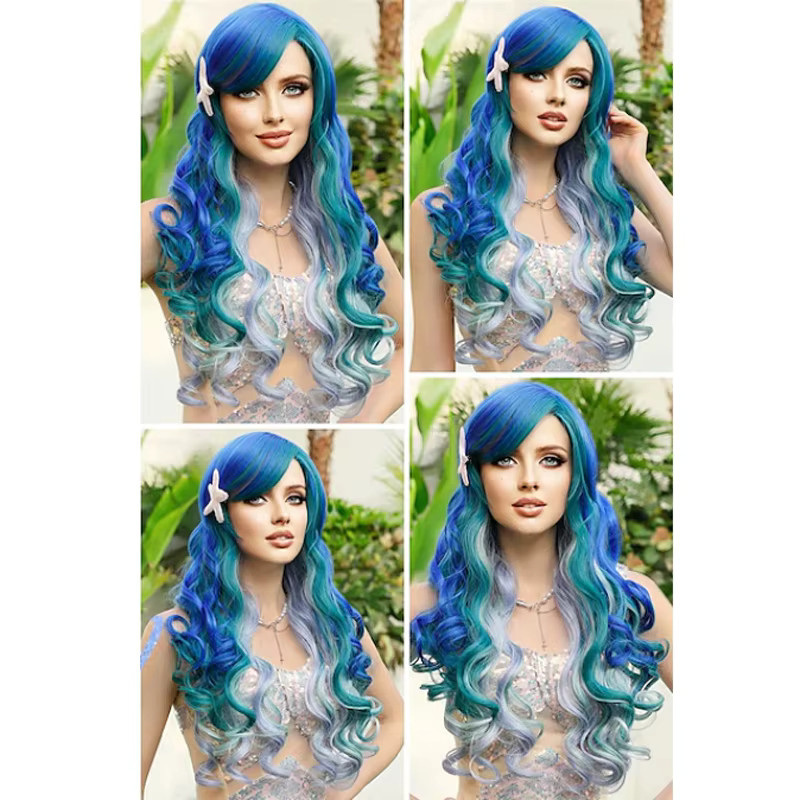 HAIRJOY Meerjungfrauen-Perücke, lang, gewellt, blau, grün - Bild 5