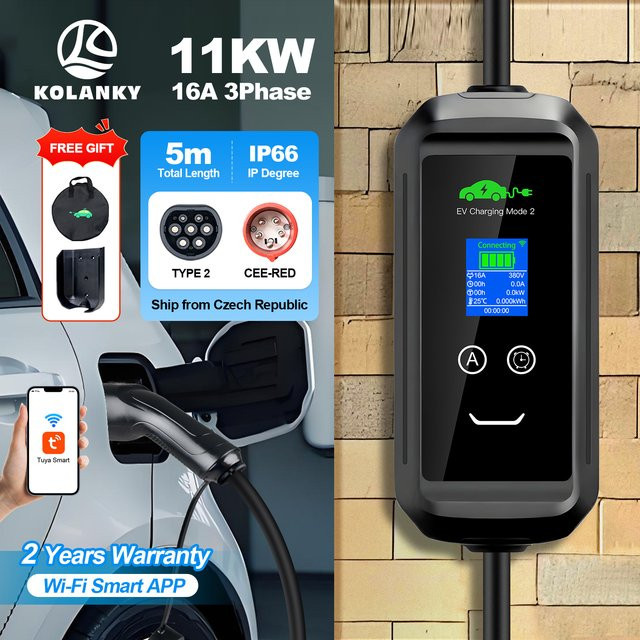 Kolanky Typ2 Tragbares EV-Ladegerät 11KW 16A 3P Autoladegerät mit 5m Kabel in Schwarz - Bild 1