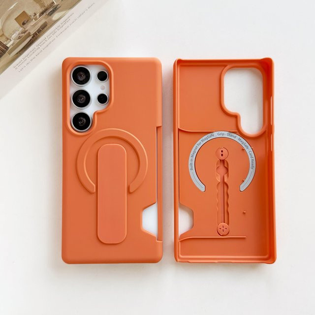 Stoßfeste Hybrid-Rüstungs-Hülle mit Kartensteckplatz und MagSafe Magnet für Samsung Galaxy S24 S25 S26 Plus Ultra in Orange - Bild 1