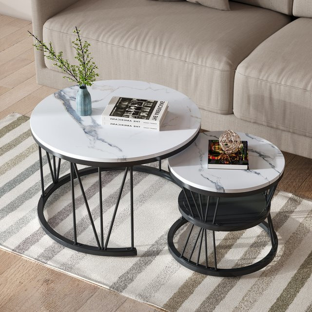 Anajqaqia 2er-Set Runde Couchtische mit Marmorierung und Metallgestell in Schwarz und Weiß - Bild 1