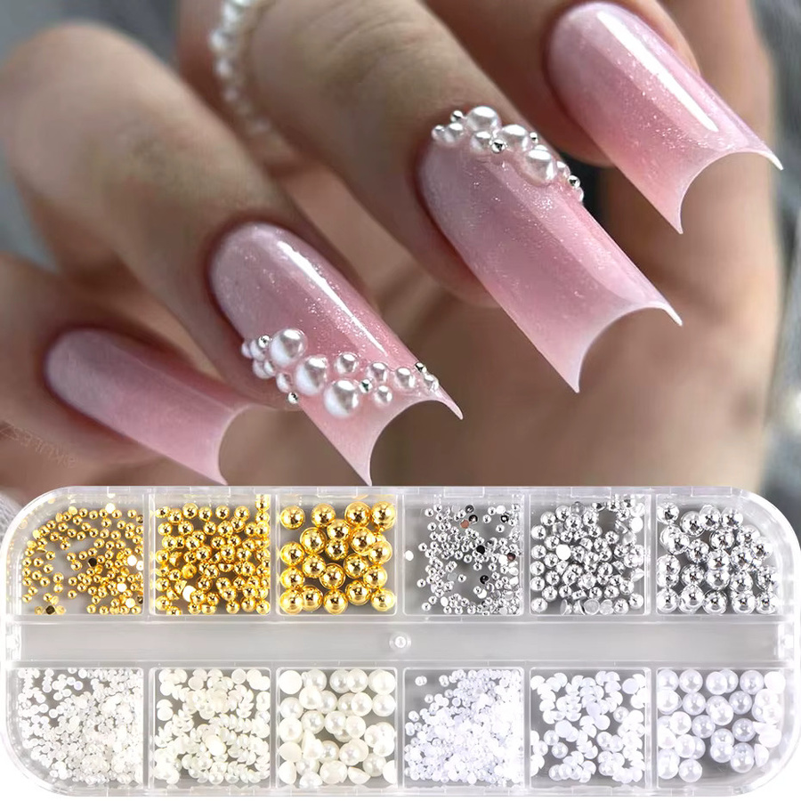 Full Beauty Nagelcharms, Gold Silber Perlen und Strass, 12 Stück, Glänzend - Bild 2