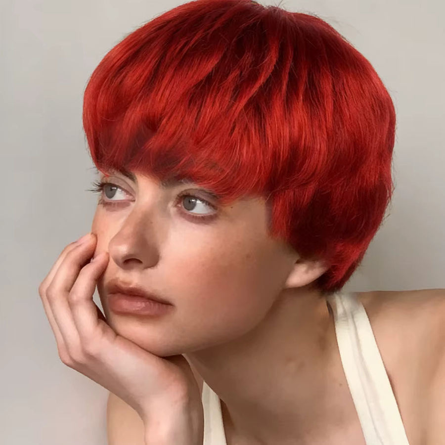 OYM HAIR Pixie-Perücke, rote Remy-Echthaar-Perücke, mit Pony - Bild 3