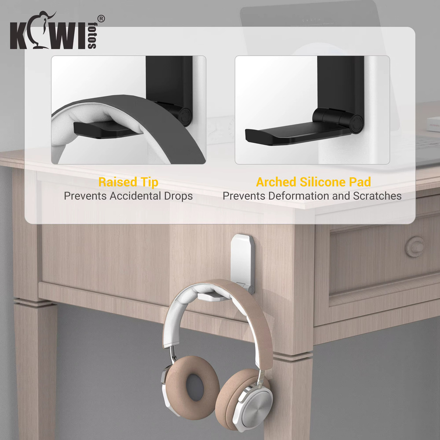 KIWIFOTOS Kopfhörerhalterung für Schreibtisch und Wand, Headset-Ständer mit Klebehalterung, Schwarz oder Weiß - Bild 2