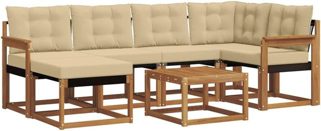 vidaXL Sofa Set 7-teilig in U-Form aus Akazienholz und Textilene, Natur-Beige mit Kissen - Bild 1