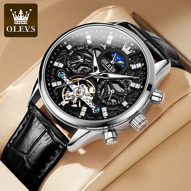 OLEVS Armbanduhr Automatik, Leder, Mondphase, Blau, Herren - Bild 1