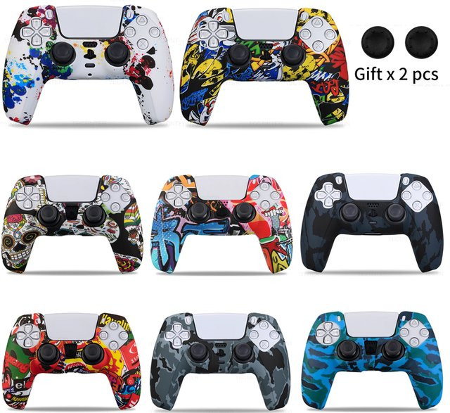 TECTINTER Silikonschutzhülle für PS5 Controller mit Daumengriffen und Kappen in Blau und Multicolour - Bild 1
