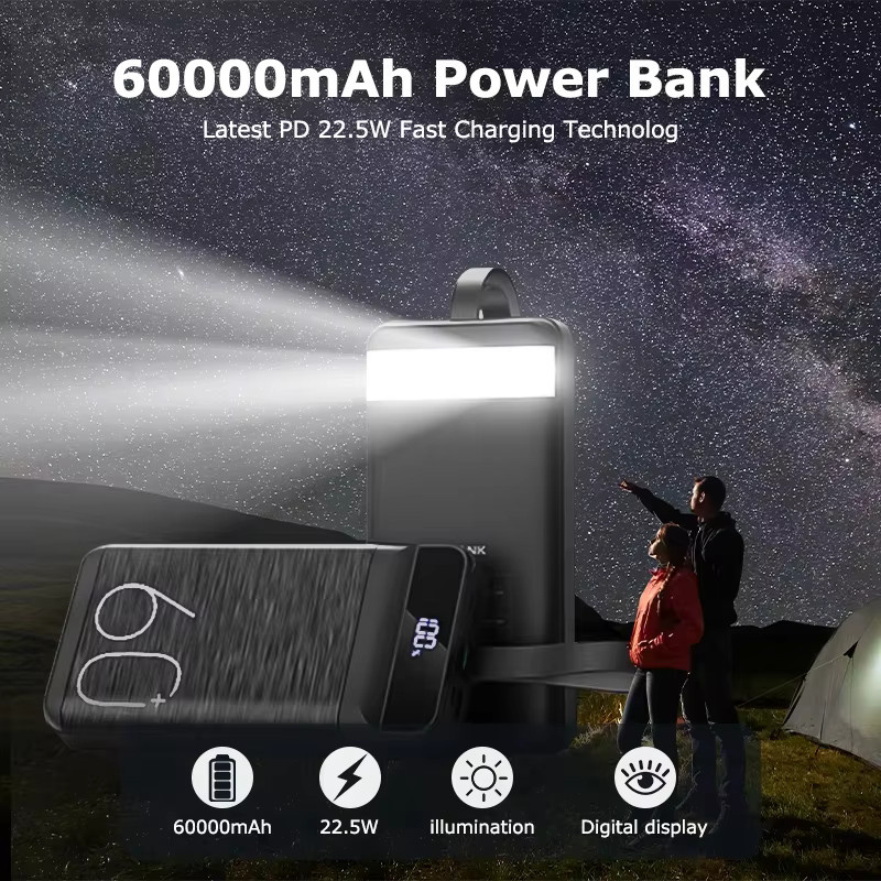 Hganus PowerBank mit 60000mAh Kapazität, 22,5W Schnellladung QC PD3.0, USB-C-Anschluss und Taschenlampe, Schwarz - Bild 3