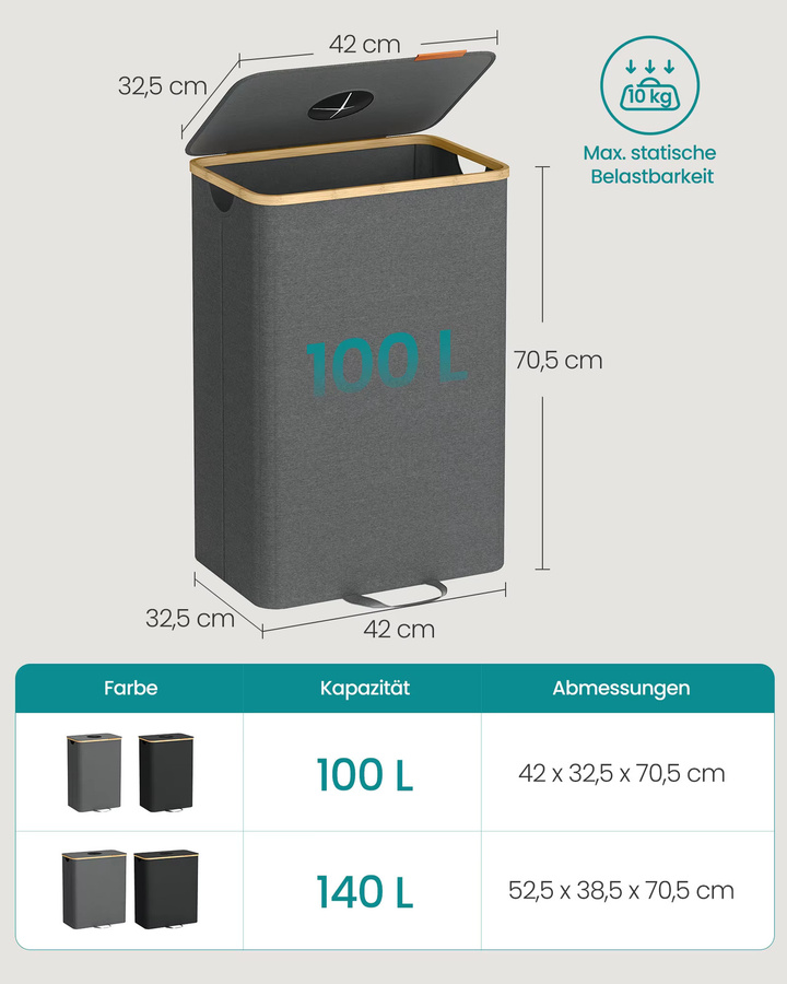 SONGMICS Flaschencontainer mit Deckel und Innensack, Recycling-Behälter für die Küche, grau-beige, Volumen: 100 l, B: 42,0 cm, T: 70,5 cm, H: 42,0 cm - Bild 5