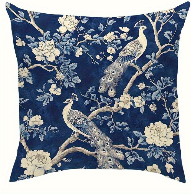 JMG Clothing Kissenbezug Chinoiserie Pfau und Pfingstrose Floral in Marineblau und Weiß, B/B: 50 x 50 cm - Bild 1