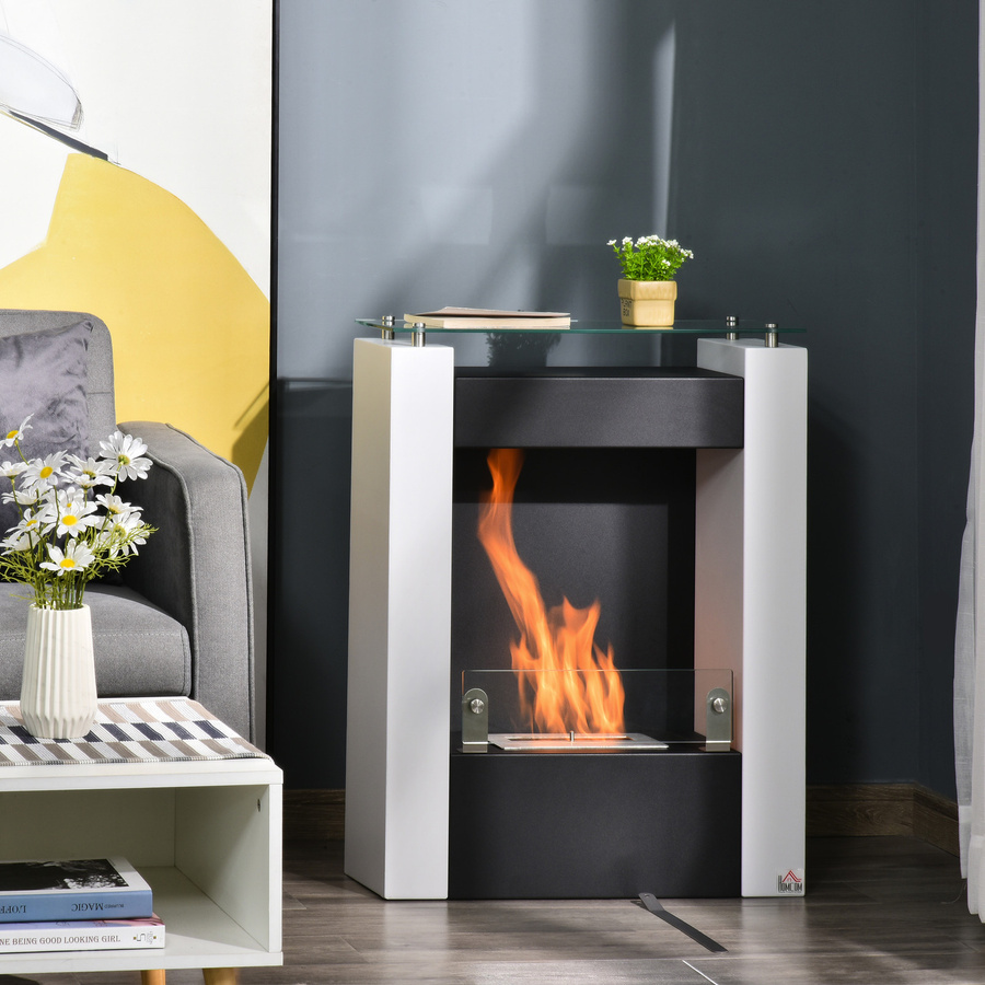 HOMCOM Ethanol-Kamin Bio-Ethanol-Brenner mit 2000W Leistung, 1,5L Brennstoffkapazität und 3 Std. Brenndauer, freistehend aus Stahl und Edelstahl mit gehärtetem Glas, Farben: Weiß und Schwarz, B/T/H: 60 x 20 x 79 cm - Bild 2