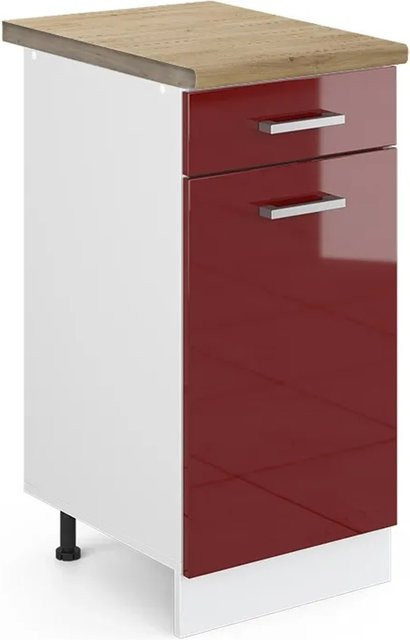Vicco Küchenunterschrank R-Line in Bordeaux Hochglanz und Weiß mit Eiche-Optik, B: 40 cm, H: 81,6 cm, T: 60 cm - Bild 1