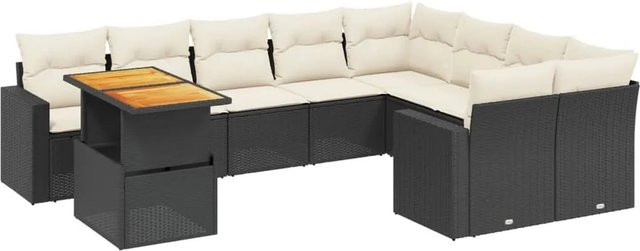 vidaXL 10-tlg. Garten-Sofagarnitur in L-Form aus Polyrattan und Akazienholz mit Kissen, Schwarz-Creme - Bild 1