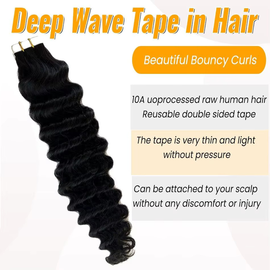 xbeauty Deep Wave Tape In Extensions, 100 % Echthaar, Deep Curly, 1B - Bild 4