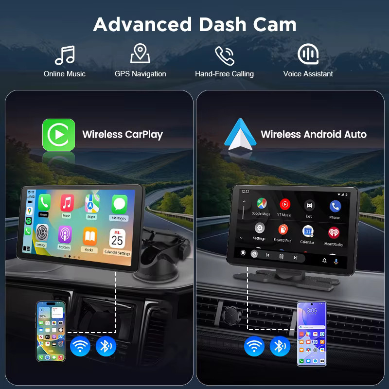 Junsun 9 Zoll Auto Dash Cam mit 4K DVR, Wireless Apple CarPlay und Android Auto, Dual Lens Video Recorder in Schwarz - Bild 2