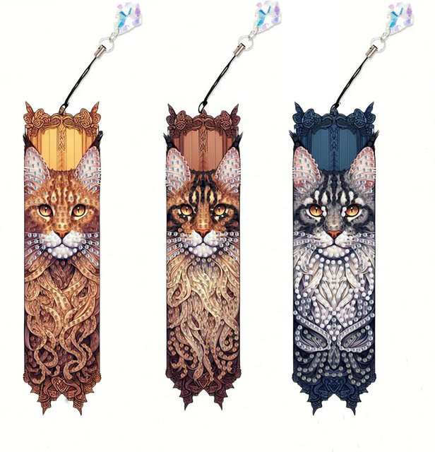 3er Set DIY-Lesezeichen mit Katzenmuster zum Diamantmalen aus Acryl in Mehrfarbig - Bild 1