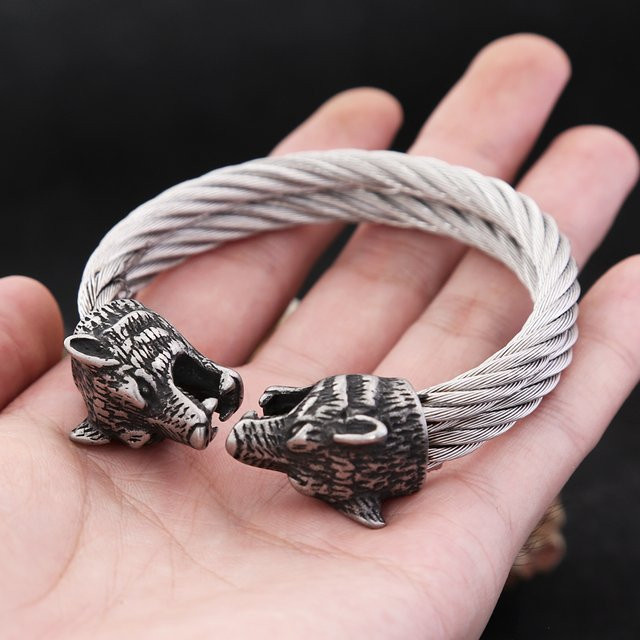 NORTHMAN Armband, Doppel Wolf Kopf, Edelstahl, Silber, Herren - Bild 1