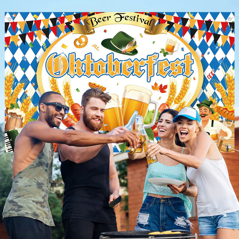 Oktoberfest Banner mit rustikalem Karomuster als Party-Dekoration für dein bayerisches Herbstfest in Blau und Mehrfarbig - Bild 2