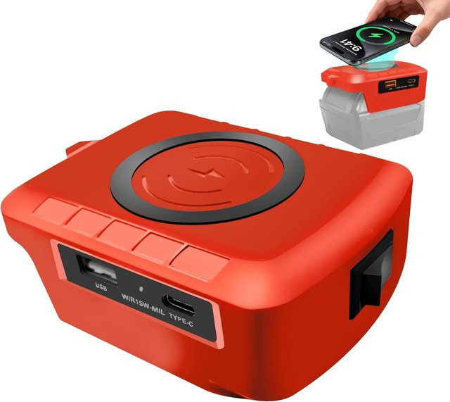 Milwaukee Akku-Adapter für 18V Akkus mit USB-A und USB-C Ausgang in Rot - Bild 1